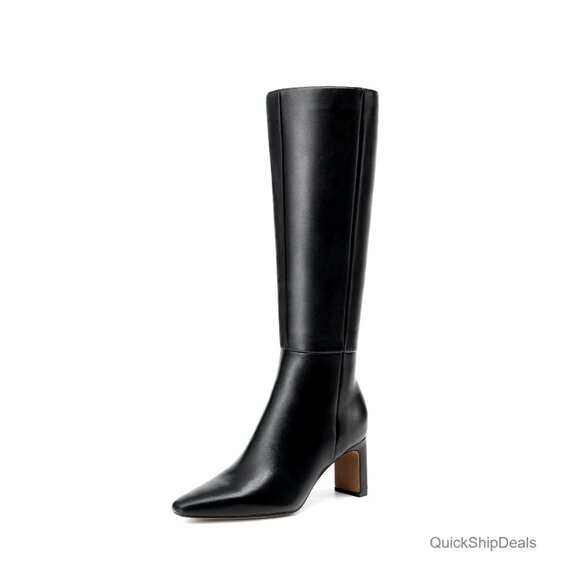 Women's Knee High Boots Chunky Block Heel Square Toe Side Zipper Tall